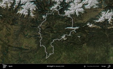 Alt Urgell. İspanya 'nın idari alanı, Ocak 2020' de çekilen Global Mozaik Sentinel-2 karolarından oluşan bir uydu görüntüsü üzerinde özetlenmiştir.