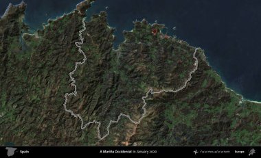 Bir Marina Occidental. İspanya 'nın idari alanı, Ocak 2020' de çekilen Global Mozaik Sentinel-2 karolarından oluşan bir uydu görüntüsü üzerinde özetlenmiştir.