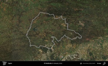 El Andevalo. İspanya 'nın idari alanı, Ocak 2020' de çekilen Global Mozaik Sentinel-2 karolarından oluşan bir uydu görüntüsü üzerinde özetlenmiştir.