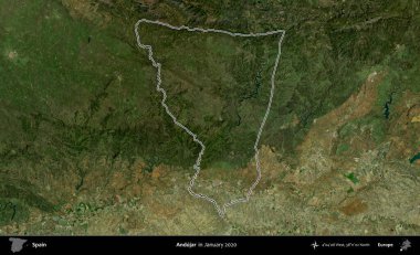 Andujar. İspanya 'nın idari alanı, Ocak 2020' de çekilen Global Mozaik Sentinel-2 karolarından oluşan bir uydu görüntüsü üzerinde özetlenmiştir.