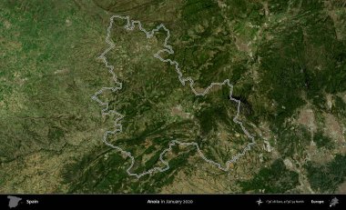 Anoia. İspanya 'nın idari alanı, Ocak 2020' de çekilen Global Mozaik Sentinel-2 karolarından oluşan bir uydu görüntüsü üzerinde özetlenmiştir.
