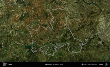 Antequera. İspanya 'nın idari alanı, Ocak 2020' de çekilen Global Mozaik Sentinel-2 karolarından oluşan bir uydu görüntüsü üzerinde özetlenmiştir.