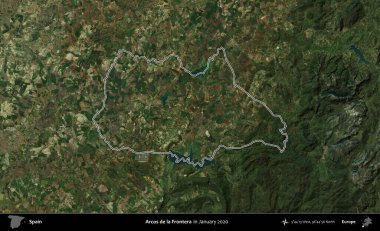 Arcos de la Frontera. İspanya 'nın idari alanı, Ocak 2020' de çekilen Global Mozaik Sentinel-2 karolarından oluşan bir uydu görüntüsü üzerinde özetlenmiştir.