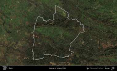 Aroche. İspanya 'nın idari alanı, Ocak 2020' de çekilen Global Mozaik Sentinel-2 karolarından oluşan bir uydu görüntüsü üzerinde özetlenmiştir.