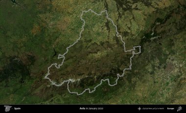 Avila. İspanya 'nın idari alanı, Ocak 2020' de çekilen Global Mozaik Sentinel-2 karolarından oluşan bir uydu görüntüsü üzerinde özetlenmiştir.