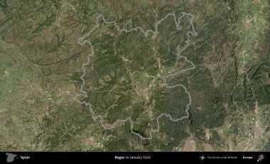 Kafesler. İspanya 'nın idari alanı, Ocak 2020' de çekilen Global Mozaik Sentinel-2 karolarından oluşan bir uydu görüntüsü üzerinde özetlenmiştir.