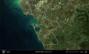 Bahia de Cadiz. İspanya 'nın idari alanı, Ocak 2020' de çekilen Global Mozaik Sentinel-2 karolarından oluşan bir uydu görüntüsü üzerinde özetlenmiştir.