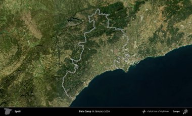 Baix Kampı. İspanya 'nın idari alanı, Ocak 2020' de çekilen Global Mozaik Sentinel-2 karolarından oluşan bir uydu görüntüsü üzerinde özetlenmiştir.