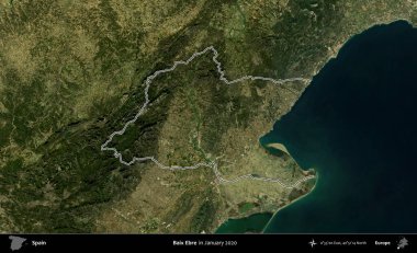 Baix Ebre. İspanya 'nın idari alanı, Ocak 2020' de çekilen Global Mozaik Sentinel-2 karolarından oluşan bir uydu görüntüsü üzerinde özetlenmiştir.