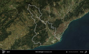 Baix Llobregat. İspanya 'nın idari alanı, Ocak 2020' de çekilen Global Mozaik Sentinel-2 karolarından oluşan bir uydu görüntüsü üzerinde özetlenmiştir.