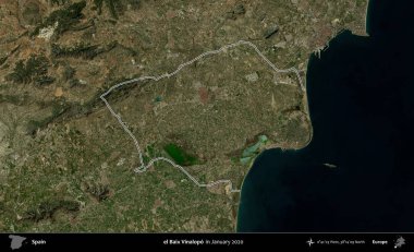 el Baix Vinalopo. İspanya 'nın idari alanı, Ocak 2020' de çekilen Global Mozaik Sentinel-2 karolarından oluşan bir uydu görüntüsü üzerinde özetlenmiştir.