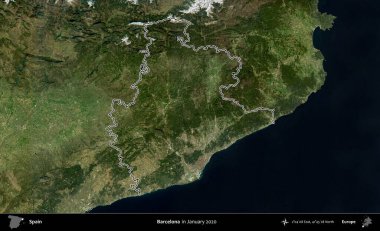 Barselona 'da. İspanya 'nın idari alanı, Ocak 2020' de çekilen Global Mozaik Sentinel-2 karolarından oluşan bir uydu görüntüsü üzerinde özetlenmiştir.