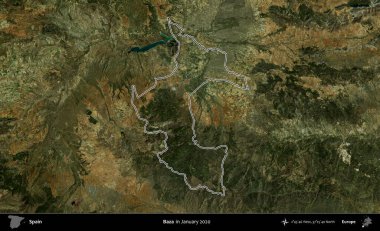 Baza. İspanya 'nın idari alanı, Ocak 2020' de çekilen Global Mozaik Sentinel-2 karolarından oluşan bir uydu görüntüsü üzerinde özetlenmiştir.