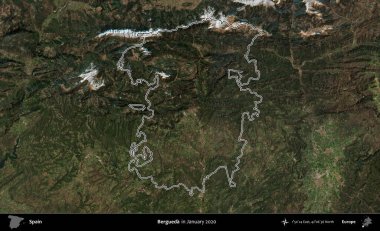Bergueda. İspanya 'nın idari alanı, Ocak 2020' de çekilen Global Mozaik Sentinel-2 karolarından oluşan bir uydu görüntüsü üzerinde özetlenmiştir.