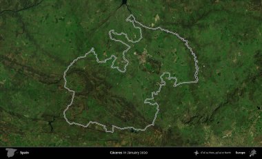 Caceres. İspanya 'nın idari alanı, Ocak 2020' de çekilen Global Mozaik Sentinel-2 karolarından oluşan bir uydu görüntüsü üzerinde özetlenmiştir.