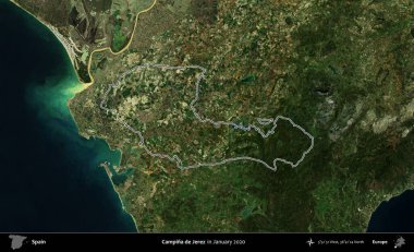 Campina de Jerez. İspanya 'nın idari alanı, Ocak 2020' de çekilen Global Mozaik Sentinel-2 karolarından oluşan bir uydu görüntüsü üzerinde özetlenmiştir.