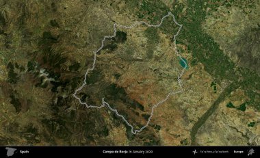 Campo de Borja 'da. İspanya 'nın idari alanı, Ocak 2020' de çekilen Global Mozaik Sentinel-2 karolarından oluşan bir uydu görüntüsü üzerinde özetlenmiştir.