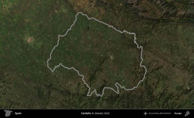 Cardena. İspanya 'nın idari alanı, Ocak 2020' de çekilen Global Mozaik Sentinel-2 karolarından oluşan bir uydu görüntüsü üzerinde özetlenmiştir.