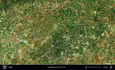 Carmona. İspanya 'nın idari alanı, Ocak 2020' de çekilen Global Mozaik Sentinel-2 karolarından oluşan bir uydu görüntüsü üzerinde özetlenmiştir.