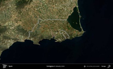 Cartagena 'da. İspanya 'nın idari alanı, Ocak 2020' de çekilen Global Mozaik Sentinel-2 karolarından oluşan bir uydu görüntüsü üzerinde özetlenmiştir.