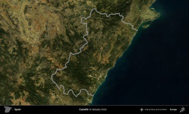 Castello. İspanya 'nın idari alanı, Ocak 2020' de çekilen Global Mozaik Sentinel-2 karolarından oluşan bir uydu görüntüsü üzerinde özetlenmiştir.