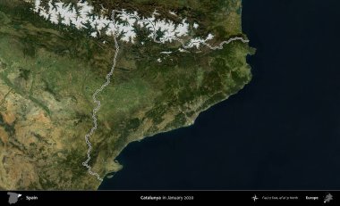 Katalunya. İspanya 'nın idari alanı, Ocak 2020' de çekilen Global Mozaik Sentinel-2 karolarından oluşan bir uydu görüntüsü üzerinde özetlenmiştir.
