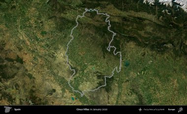 Cinco Villası. İspanya 'nın idari alanı, Ocak 2020' de çekilen Global Mozaik Sentinel-2 karolarından oluşan bir uydu görüntüsü üzerinde özetlenmiştir.