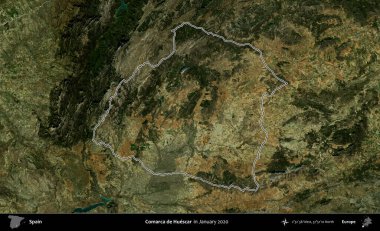 Comarca de Huescar. İspanya 'nın idari alanı, Ocak 2020' de çekilen Global Mozaik Sentinel-2 karolarından oluşan bir uydu görüntüsü üzerinde özetlenmiştir.