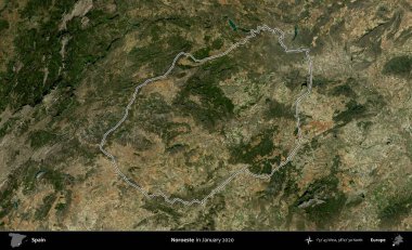 Noroeste. İspanya 'nın idari alanı, Ocak 2020' de çekilen Global Mozaik Sentinel-2 karolarından oluşan bir uydu görüntüsü üzerinde özetlenmiştir.