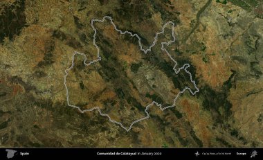 Calatayud yoldaşı. İspanya 'nın idari alanı, Ocak 2020' de çekilen Global Mozaik Sentinel-2 karolarından oluşan bir uydu görüntüsü üzerinde özetlenmiştir.