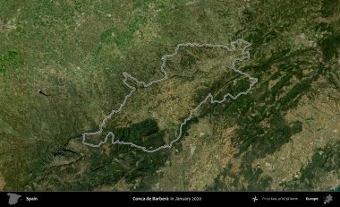 Conca de Barbera 'da. İspanya 'nın idari alanı, Ocak 2020' de çekilen Global Mozaik Sentinel-2 karolarından oluşan bir uydu görüntüsü üzerinde özetlenmiştir.