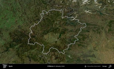 El Bierzo 'da. İspanya 'nın idari alanı, Ocak 2020' de çekilen Global Mozaik Sentinel-2 karolarından oluşan bir uydu görüntüsü üzerinde özetlenmiştir.