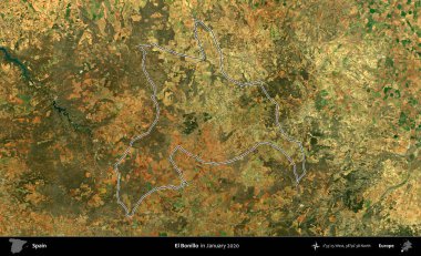 El Bonillo 'da. İspanya 'nın idari alanı, Ocak 2020' de çekilen Global Mozaik Sentinel-2 karolarından oluşan bir uydu görüntüsü üzerinde özetlenmiştir.