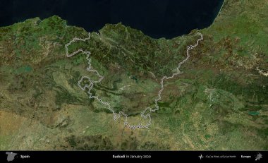Euskadi. İspanya 'nın idari alanı, Ocak 2020' de çekilen Global Mozaik Sentinel-2 karolarından oluşan bir uydu görüntüsü üzerinde özetlenmiştir.