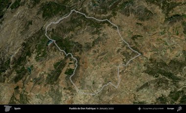 Don Fadrique Puebla 'sı. İspanya 'nın idari alanı, Ocak 2020' de çekilen Global Mozaik Sentinel-2 karolarından oluşan bir uydu görüntüsü üzerinde özetlenmiştir.