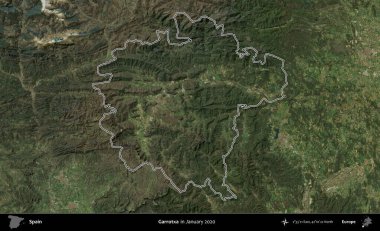 Boğulma. İspanya 'nın idari alanı, Ocak 2020' de çekilen Global Mozaik Sentinel-2 karolarından oluşan bir uydu görüntüsü üzerinde özetlenmiştir.