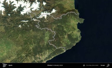 Girona. İspanya 'nın idari alanı, Ocak 2020' de çekilen Global Mozaik Sentinel-2 karolarından oluşan bir uydu görüntüsü üzerinde özetlenmiştir.