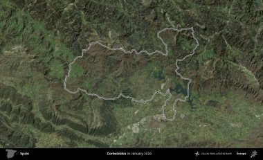 Gorbeialdea. İspanya 'nın idari alanı, Ocak 2020' de çekilen Global Mozaik Sentinel-2 karolarından oluşan bir uydu görüntüsü üzerinde özetlenmiştir.