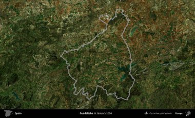 Guadalteba. İspanya 'nın idari alanı, Ocak 2020' de çekilen Global Mozaik Sentinel-2 karolarından oluşan bir uydu görüntüsü üzerinde özetlenmiştir.