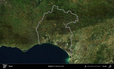 Huelva. İspanya 'nın idari alanı, Ocak 2020' de çekilen Global Mozaik Sentinel-2 karolarından oluşan bir uydu görüntüsü üzerinde özetlenmiştir.