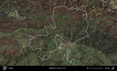 İbarrak. İspanya 'nın idari alanı, Ocak 2020' de çekilen Global Mozaik Sentinel-2 karolarından oluşan bir uydu görüntüsü üzerinde özetlenmiştir.