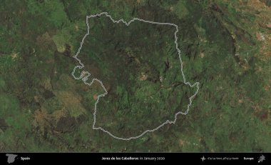Jerez de los Caballeros. İspanya 'nın idari alanı, Ocak 2020' de çekilen Global Mozaik Sentinel-2 karolarından oluşan bir uydu görüntüsü üzerinde özetlenmiştir.