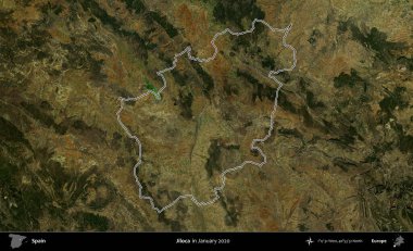 Jiloca. İspanya 'nın idari alanı, Ocak 2020' de çekilen Global Mozaik Sentinel-2 karolarından oluşan bir uydu görüntüsü üzerinde özetlenmiştir.