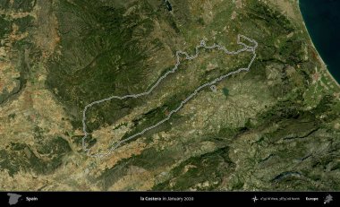 Costera 'da. İspanya 'nın idari alanı, Ocak 2020' de çekilen Global Mozaik Sentinel-2 karolarından oluşan bir uydu görüntüsü üzerinde özetlenmiştir.
