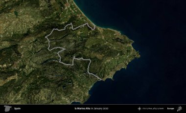 Marina Alta. İspanya 'nın idari alanı, Ocak 2020' de çekilen Global Mozaik Sentinel-2 karolarından oluşan bir uydu görüntüsü üzerinde özetlenmiştir.