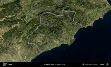 Marina Baixa 'da. İspanya 'nın idari alanı, Ocak 2020' de çekilen Global Mozaik Sentinel-2 karolarından oluşan bir uydu görüntüsü üzerinde özetlenmiştir.