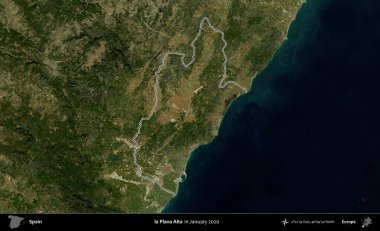 la Plana Alta. İspanya 'nın idari alanı, Ocak 2020' de çekilen Global Mozaik Sentinel-2 karolarından oluşan bir uydu görüntüsü üzerinde özetlenmiştir.