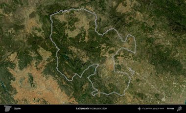 La Serrania 'da. İspanya 'nın idari alanı, Ocak 2020' de çekilen Global Mozaik Sentinel-2 karolarından oluşan bir uydu görüntüsü üzerinde özetlenmiştir.