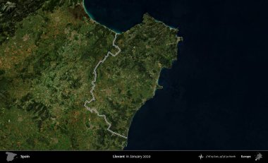 Llevant. İspanya 'nın idari alanı, Ocak 2020' de çekilen Global Mozaik Sentinel-2 karolarından oluşan bir uydu görüntüsü üzerinde özetlenmiştir.