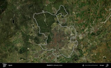 Madrid mi? İspanya 'nın idari alanı, Ocak 2020' de çekilen Global Mozaik Sentinel-2 karolarından oluşan bir uydu görüntüsü üzerinde özetlenmiştir.